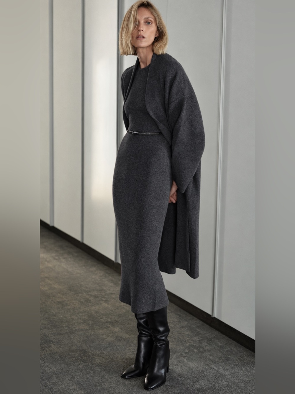 NWT Zara Charcoal Gray Belted Midi Dress